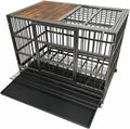 Black heavy duty wooden and steel furniture dog crate with wheels and top door