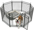 Black eight panel metal outdoor dog fence with gate staked on a lawn