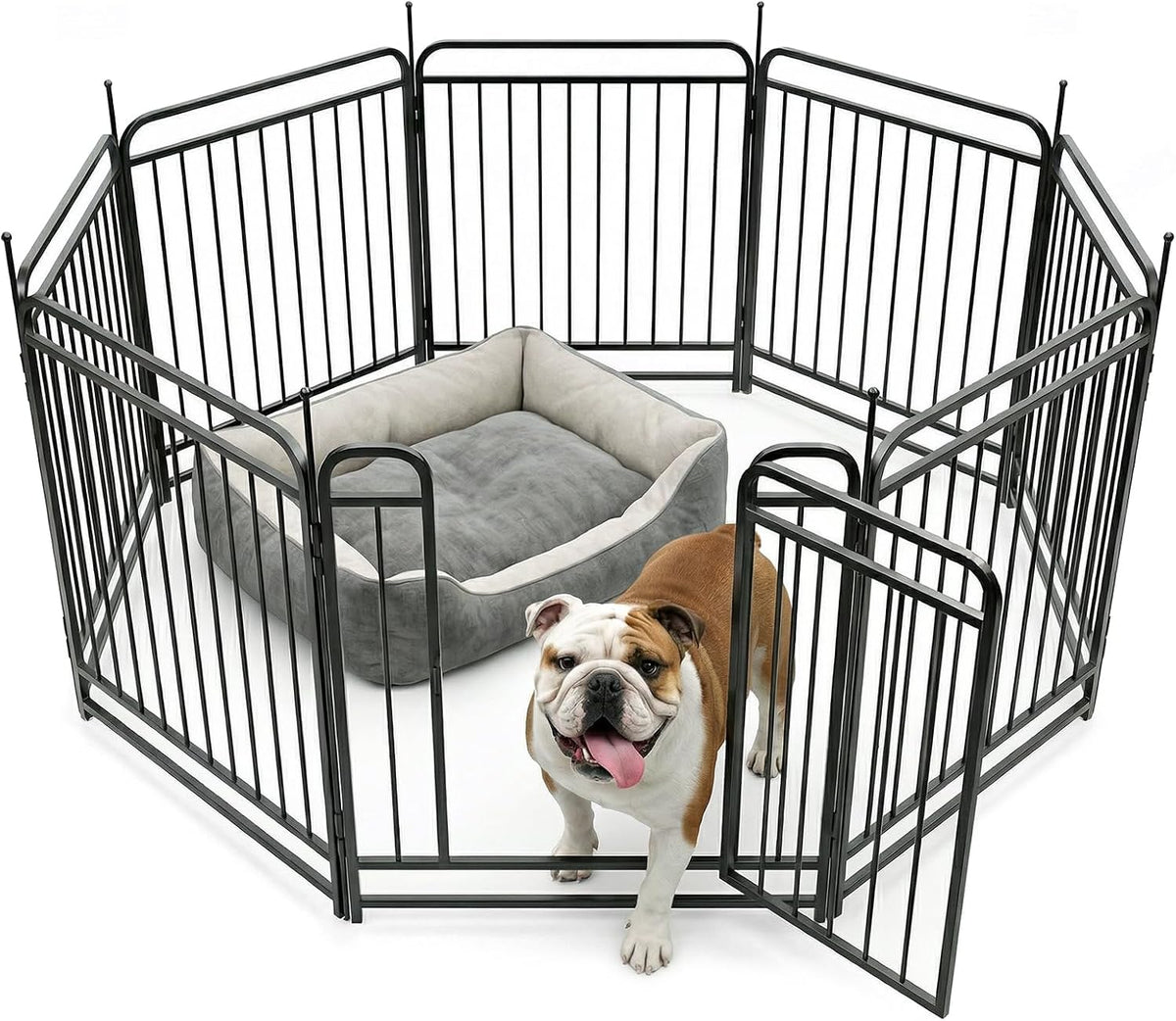 Black eight panel metal outdoor dog fence with gate staked on a lawn