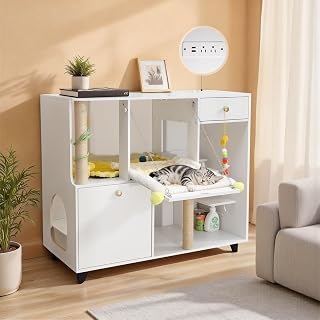 41 Inch Large Cat Villa, Double Cat Litter Box Enclosure with Scratching Post and Power Outlet, Dog-Proof, White