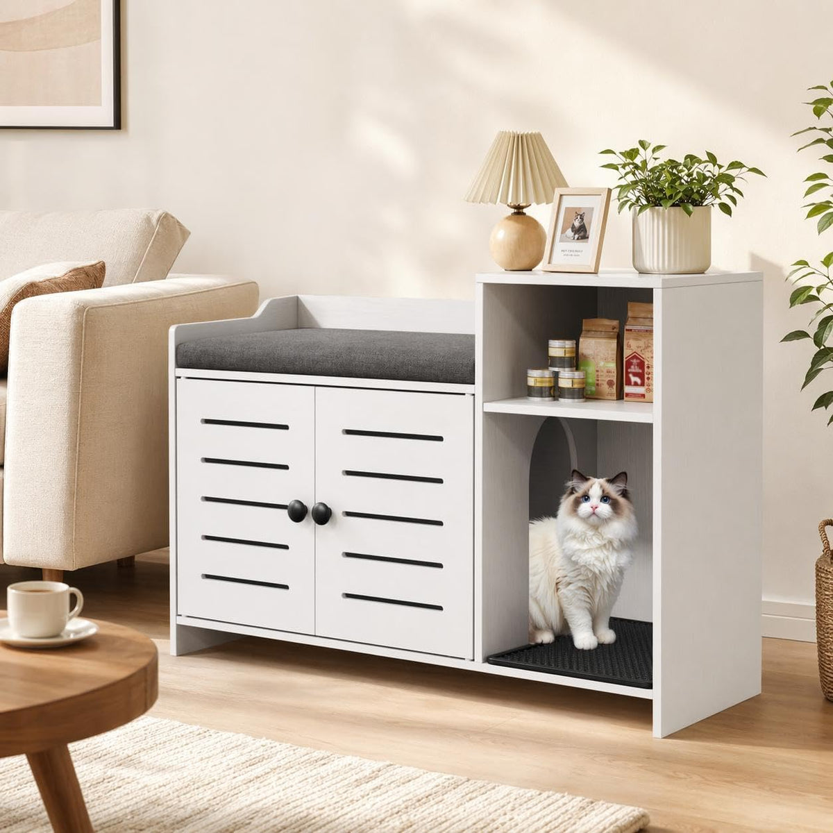 Grey litter box enclosure end table with double doors and storage shelf – view 5