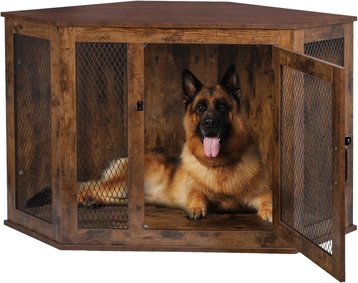 Brown wooden corner dog crate end table with metal mesh panels
