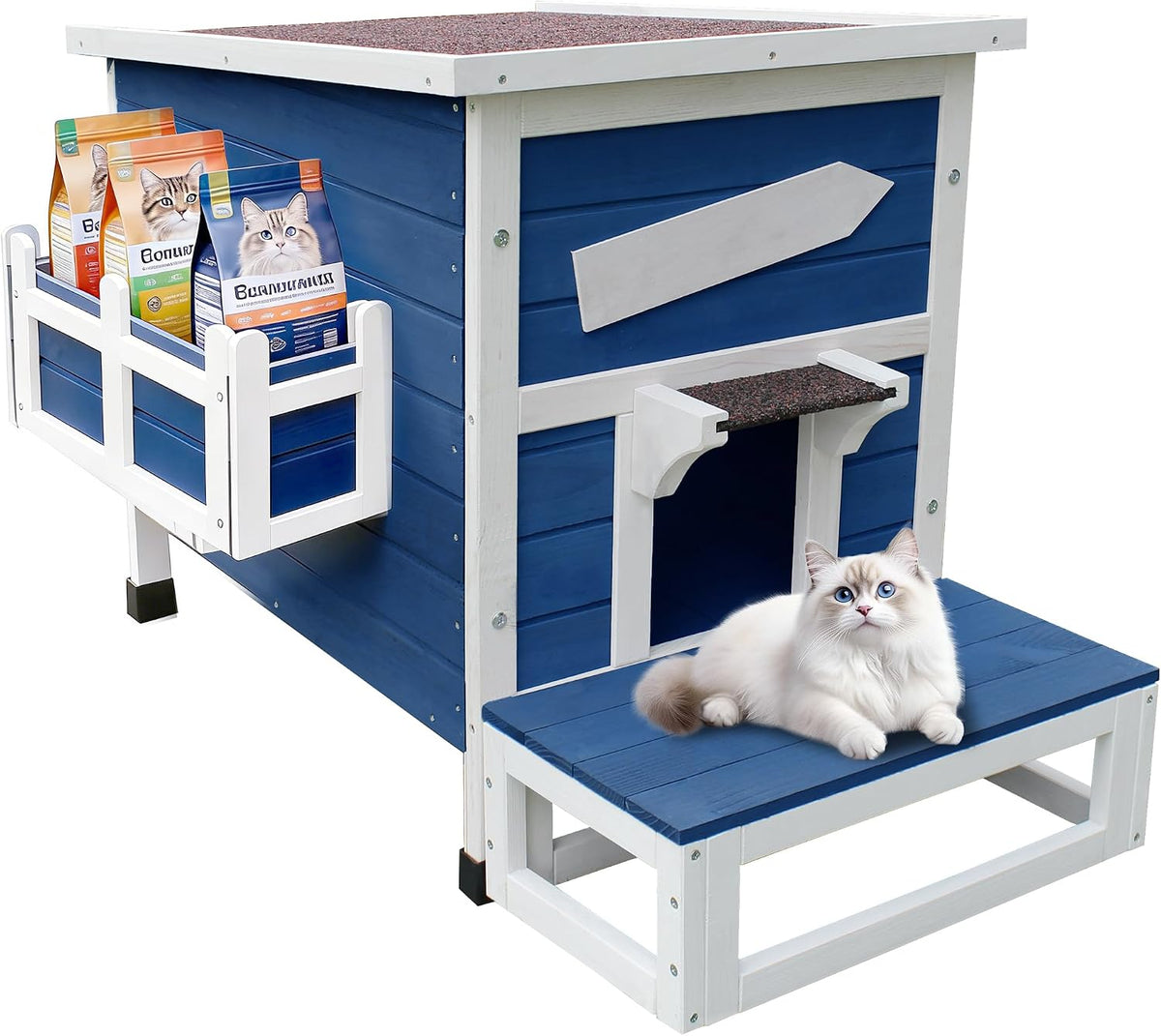 Blue weatherproof wooden outdoor cat shelter with escape door – view 4