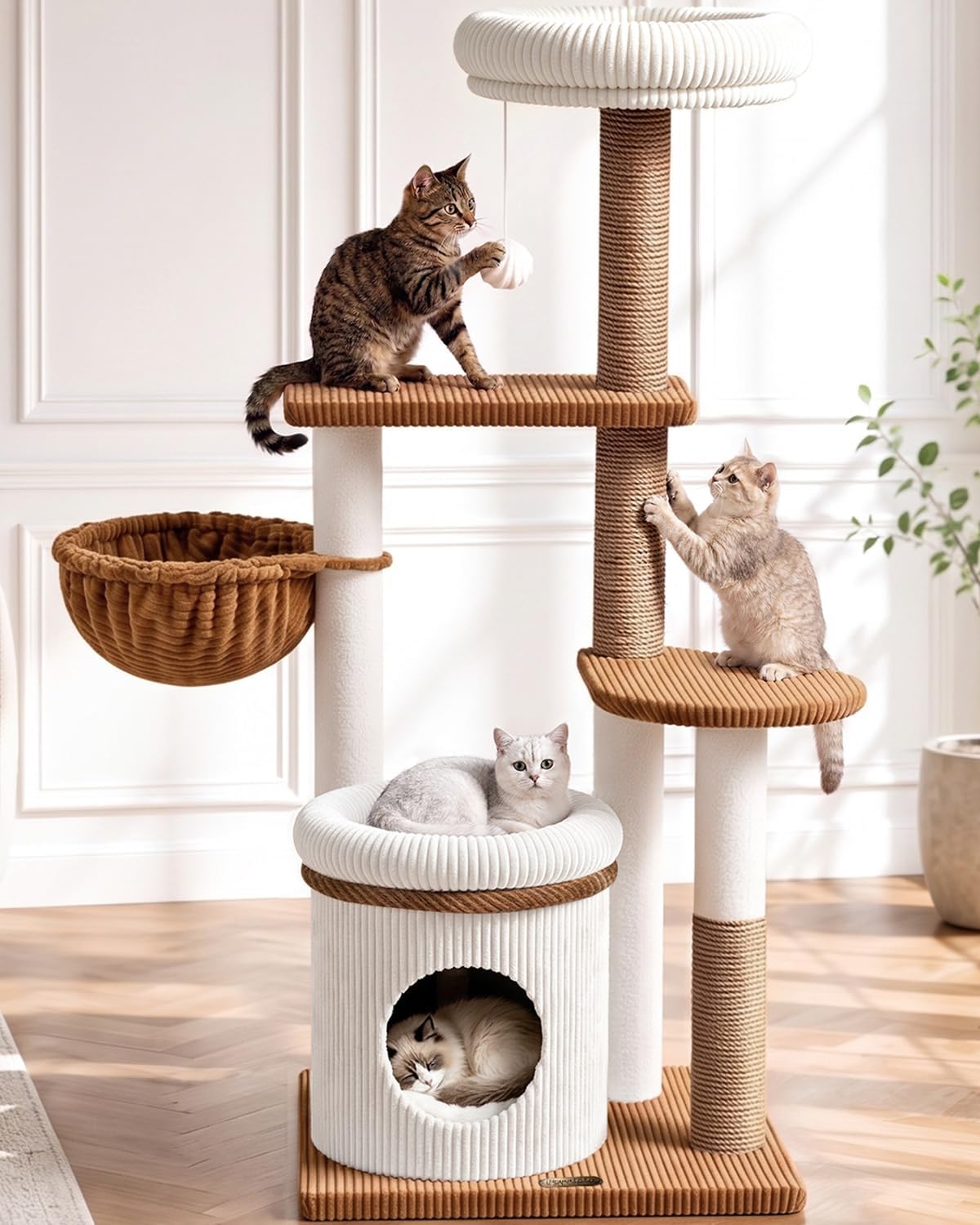52 inch corduroy cat tree with wide base, bamboo condo and top perch – view 3