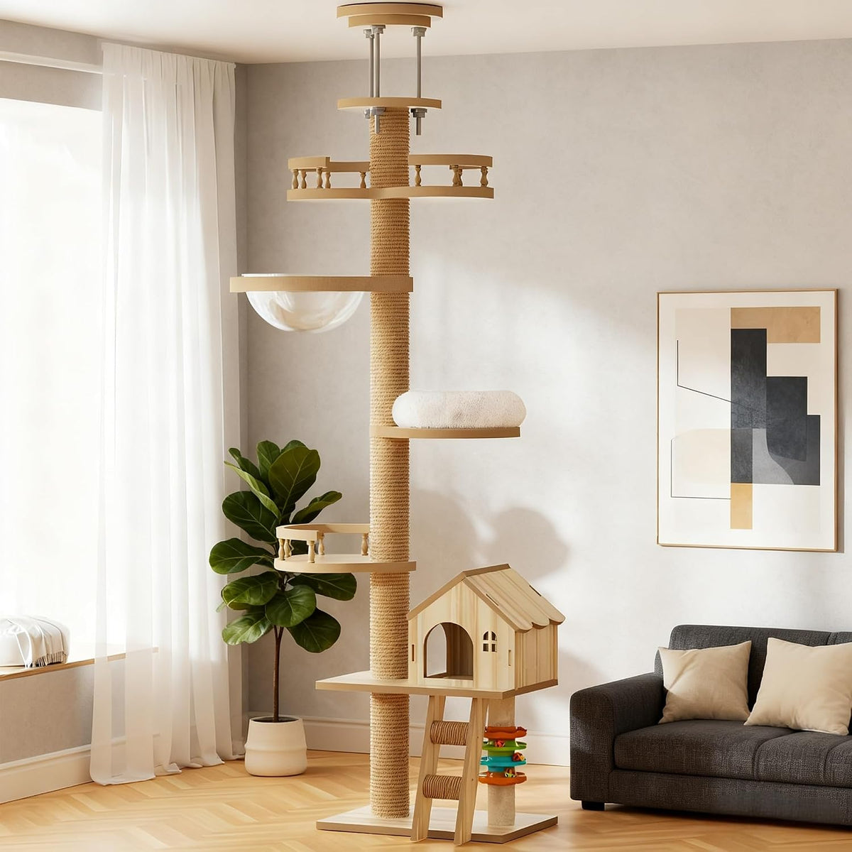 Floor-to-ceiling wooden cat tower with sisal posts, condo cave and top perch