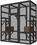 Black wooden outdoor catio enclosure with platforms and resting boxes