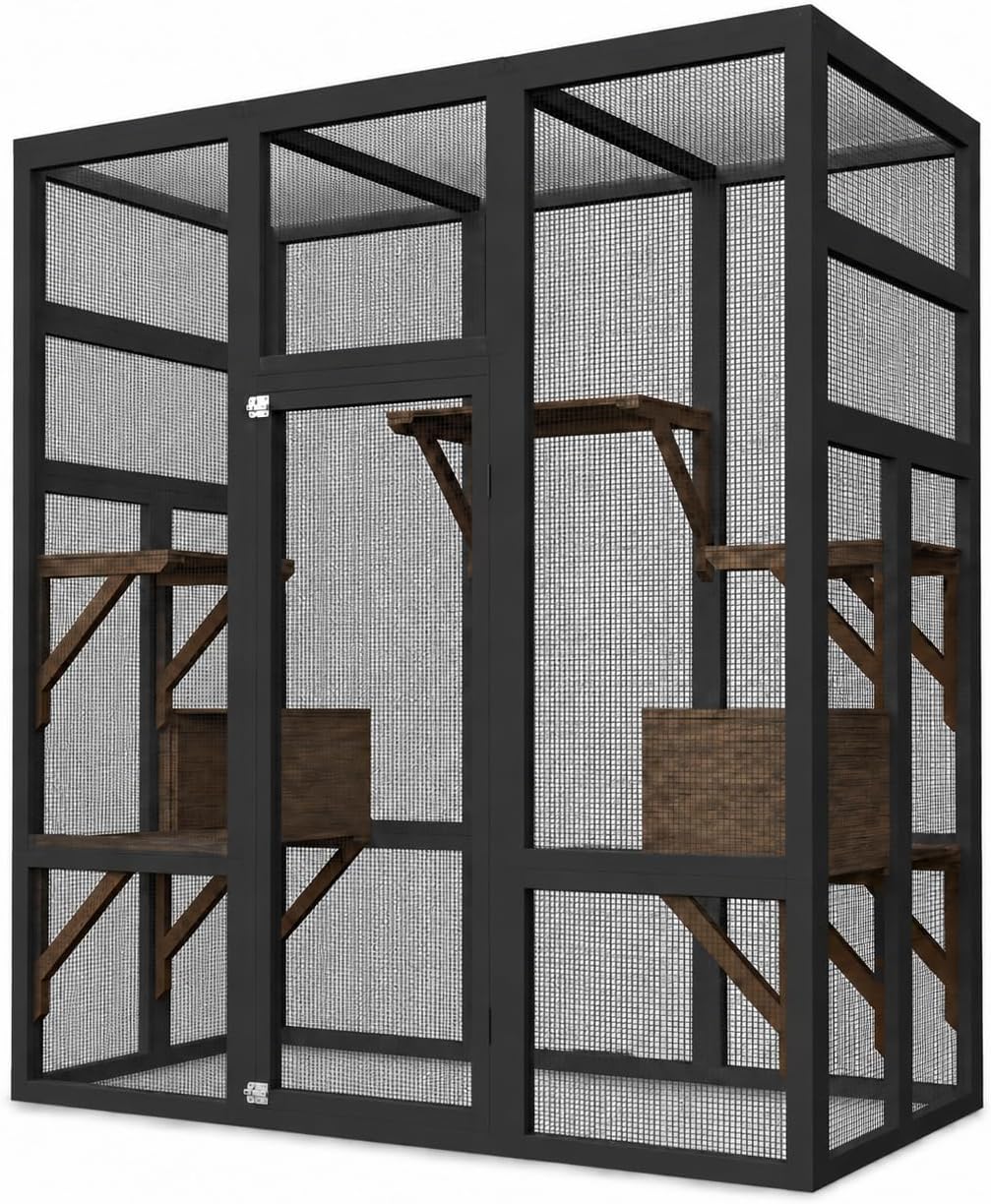 Black wooden outdoor catio enclosure with platforms and resting boxes