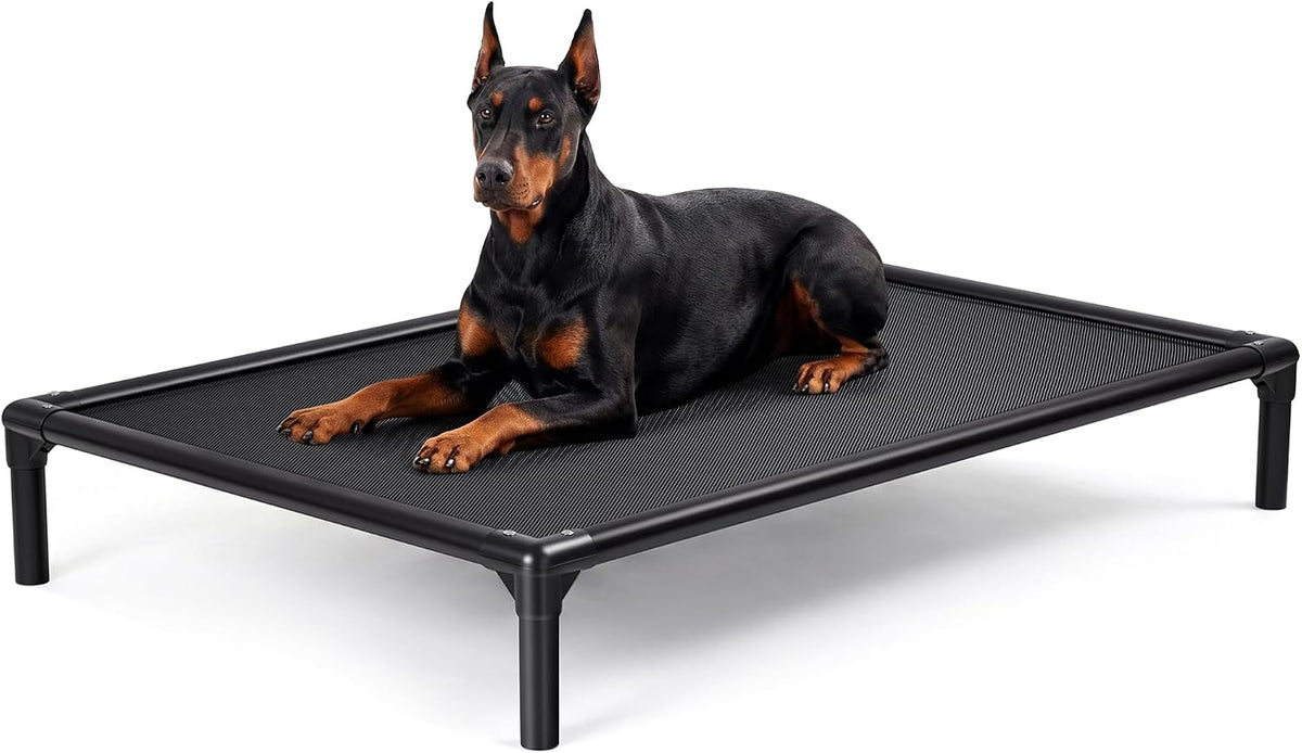 Black XXL elevated dog cot with heavy duty frame on a patio