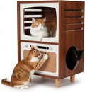 Retro TV Style Wooden Cat House with Scratching Board, 2-in-1