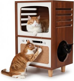 Retro TV Style Wooden Cat House with Scratching Board, 2-in-1