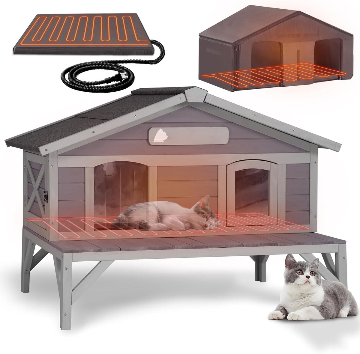 Large insulated outdoor cat house with heating pad and waterproof roof