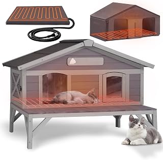 Heated Outdoor Cat House, Large Insulated Weatherproof Shelter with Heated Pad and Thermal Liner, for 1-4 Cats