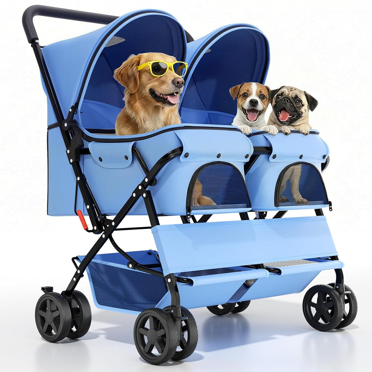 Side-by-side double pet stroller with two compartments for small dogs or cats