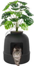 Black planter-style hidden cat litter box with artificial plant – view 3