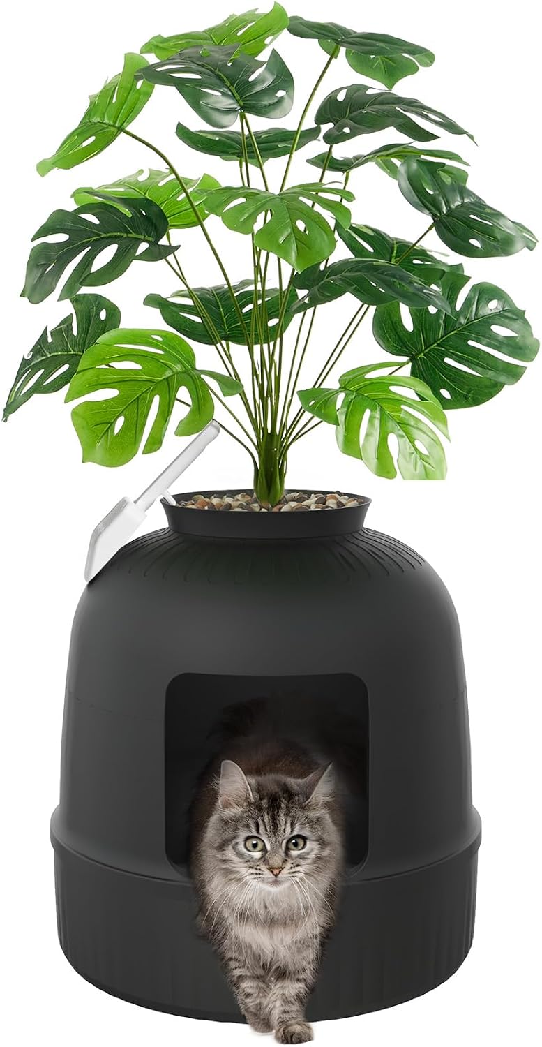 Black planter-style hidden cat litter box with artificial plant – view 3
