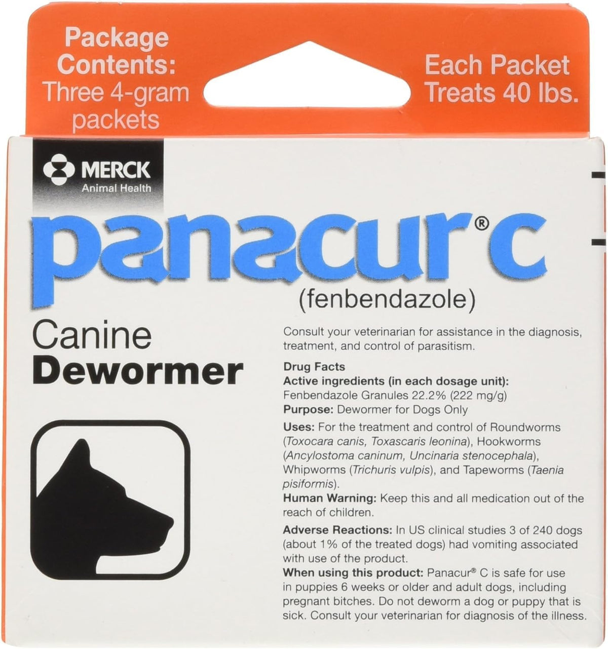 Three 4 gram packets of canine dewormer granules
