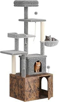 2-in-1 Litter Box Enclosure with Cat Tree, Scratching Post and Hammock, Rustic Brown