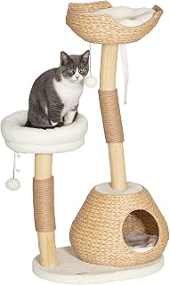 PawHut 41" Wooden Cat Tree for Indoor Cats with 2 Real Branch Scratching Posts, Condo, Beds and Toy Balls, Cream White