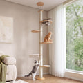 Floor to ceiling rubberwood cat tree with space capsule and hammock