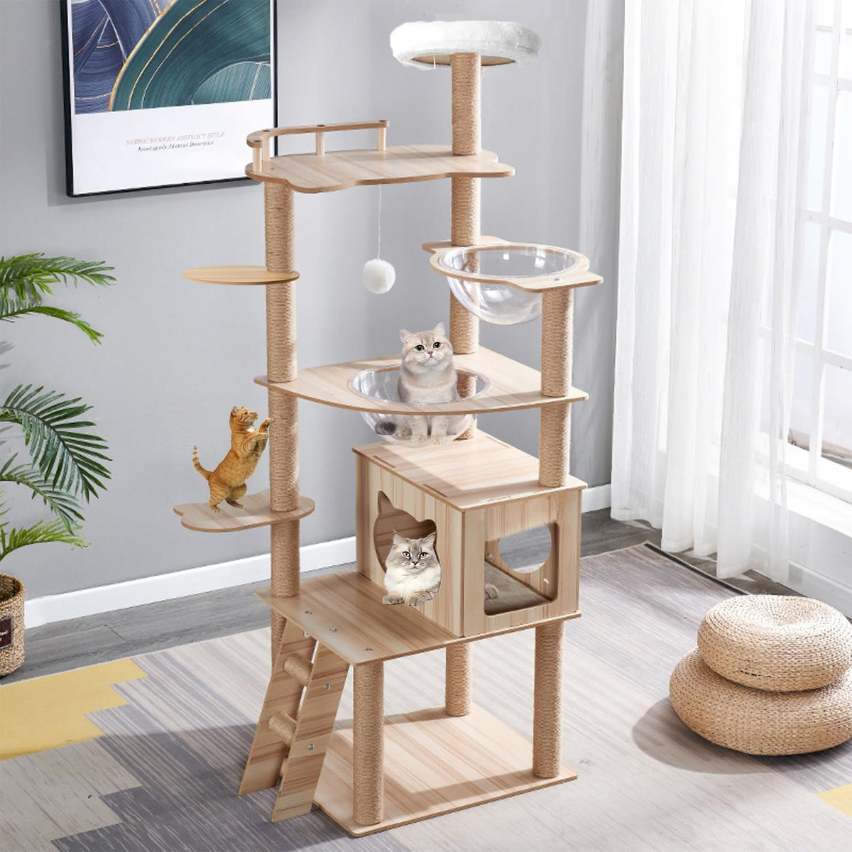 67 inch cat tree tower with condo, stairs, bowls and sisal scratching posts