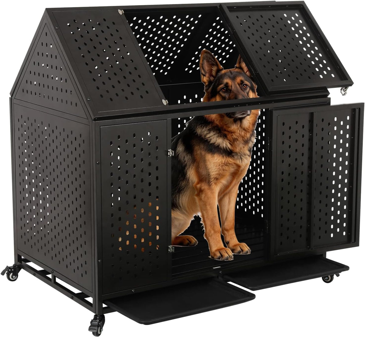 Heavy duty steel dog crate with double doors and lockable wheels