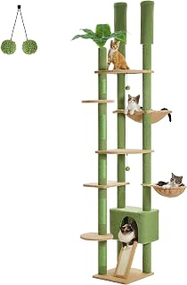 Adjustable-Height Floor-to-Ceiling Wooden Cat Tower with Hammock and Condo, AMT0249GN
