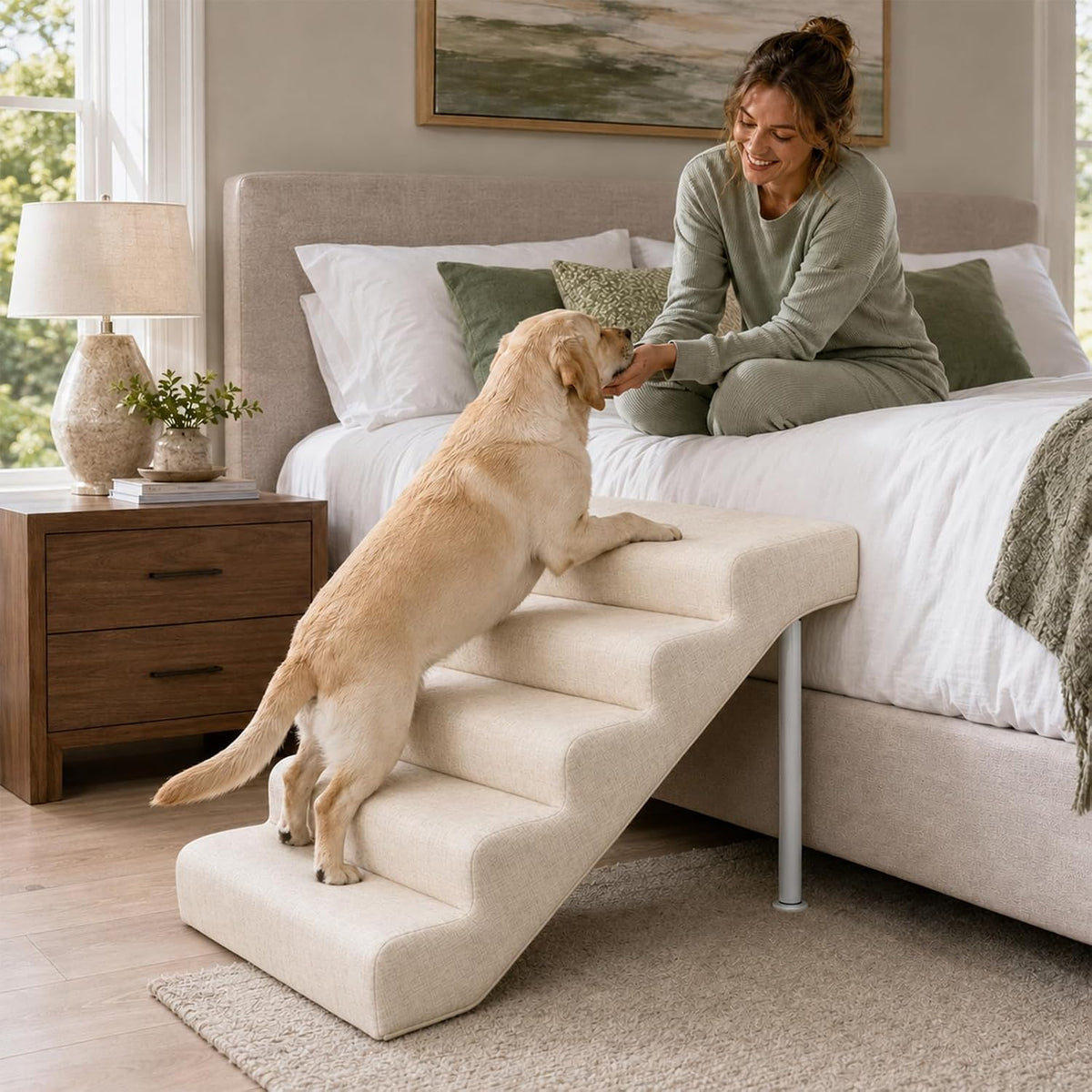 Five step linen dog stairs placed beside a high bed