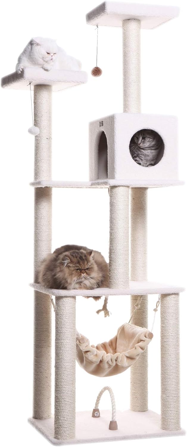 Ivory four-level real wood cat tree with rope swing, hammock and condo