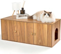 Oak mid-century cat litter box enclosure cabinet with storage compartment and doors