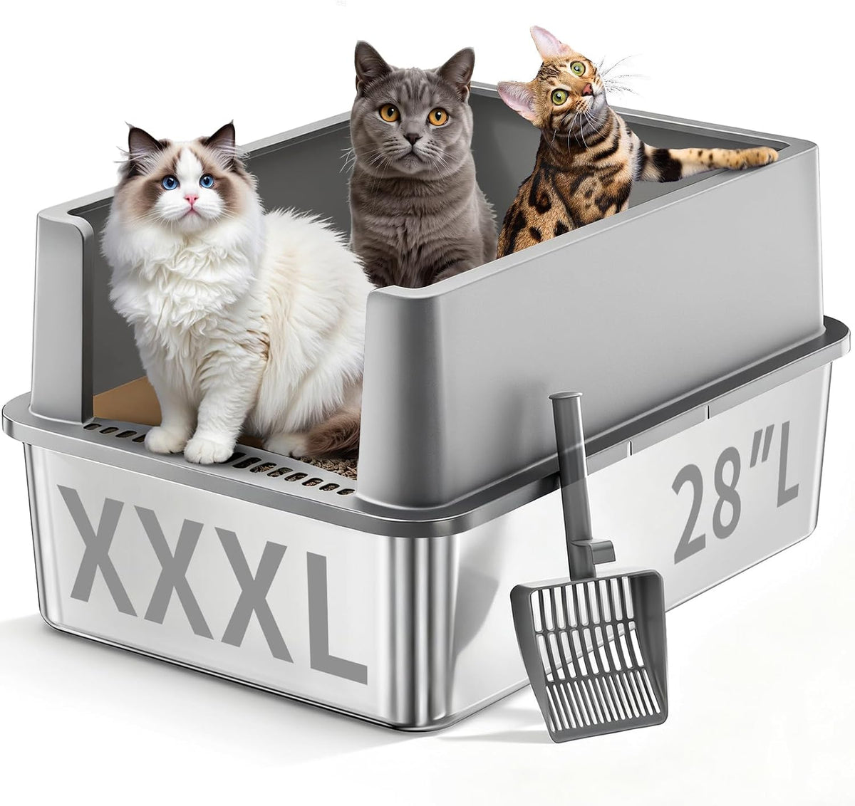 Open XXXL stainless steel cat litter box with high walls – view 3
