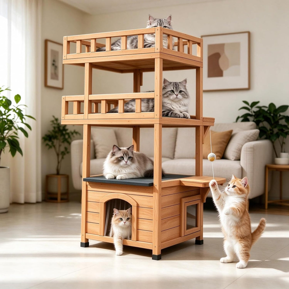 Wooden enclosed cat condo tower with escape doors and guardrail platforms