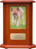 Oak wood pet urn box with framed photo and engraved brass name plate – view 2