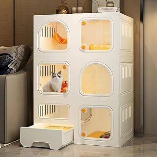 Indoor Cat Cage with Litter Box, Transparent Window Villa, Thickened Plastic and Resin, 2 or 3 Tiers, White, 28 x 18 x 42