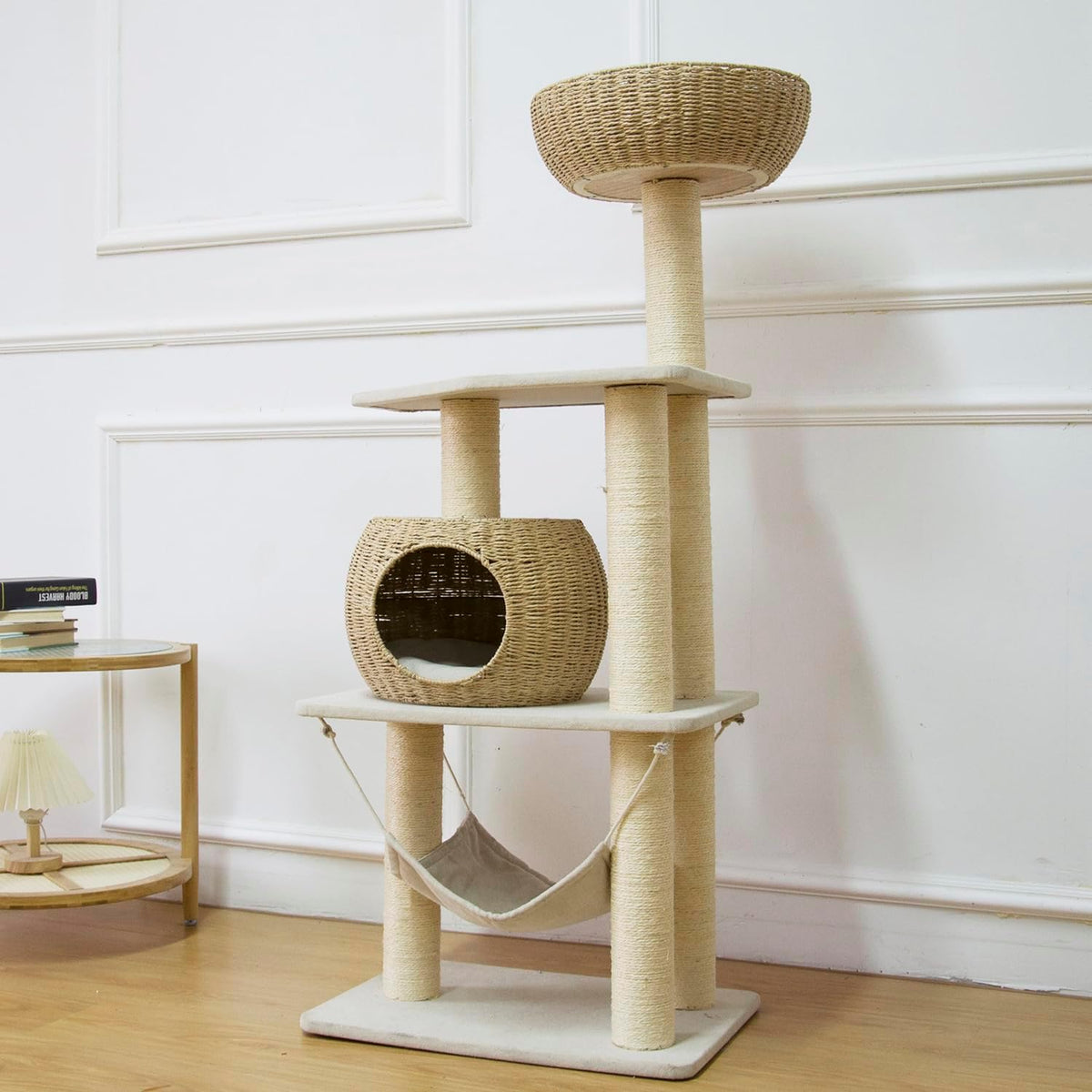 52.4 inch wood cat tree with hammock and sisal posts