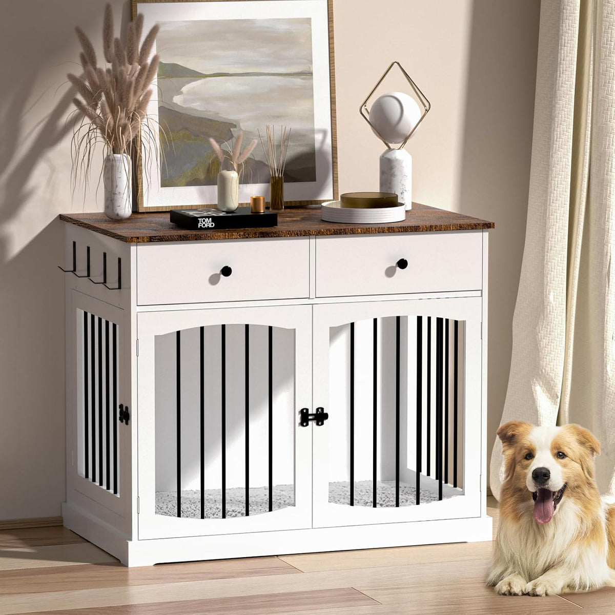 White farmhouse wooden dog crate furniture with two drawers and brown top