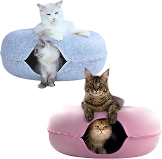 Cattasaurus Duo Jumbo Peekaboo Cat Caves, 3-in-1 Tunnel Bed and Scratcher for Large Cats Over 15 lbs, Light Gray and Pink