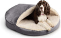 Heather gray orthopedic foam cave dog bed with raised hood and plush lining