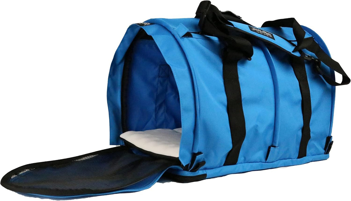 Blue soft-sided XL pet travel carrier with seatbelt straps