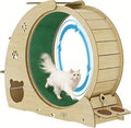 Large 55 Inch Cat Exercise Wheel with Built-in Bowls, Scratching Post and 3-Tier Jumping Tower, Natural Wood
