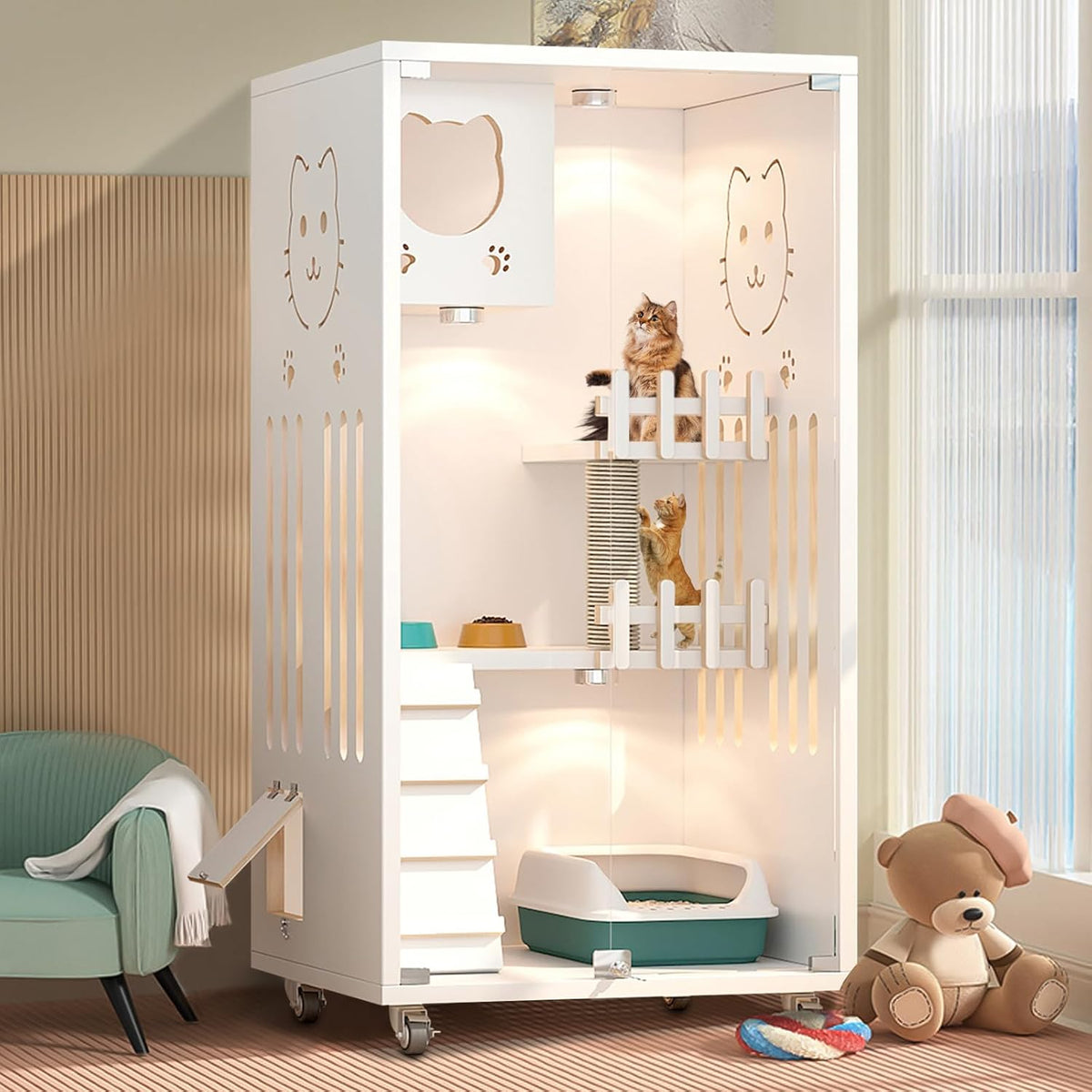 White wooden enclosed cat house on wheels with ventilated glass doors