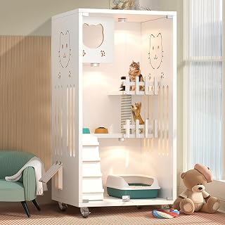 Large Wooden Cat House, Enclosed Indoor/Outdoor Cat Condo with Wheels and Glass Doors, 50" x 24" x 24", White