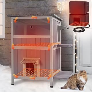 Heated Outdoor Cat House, 2-Story Insulated Feral Cat Shelter with Weatherproof Roof, 2 Escape Doors and Heating Pad