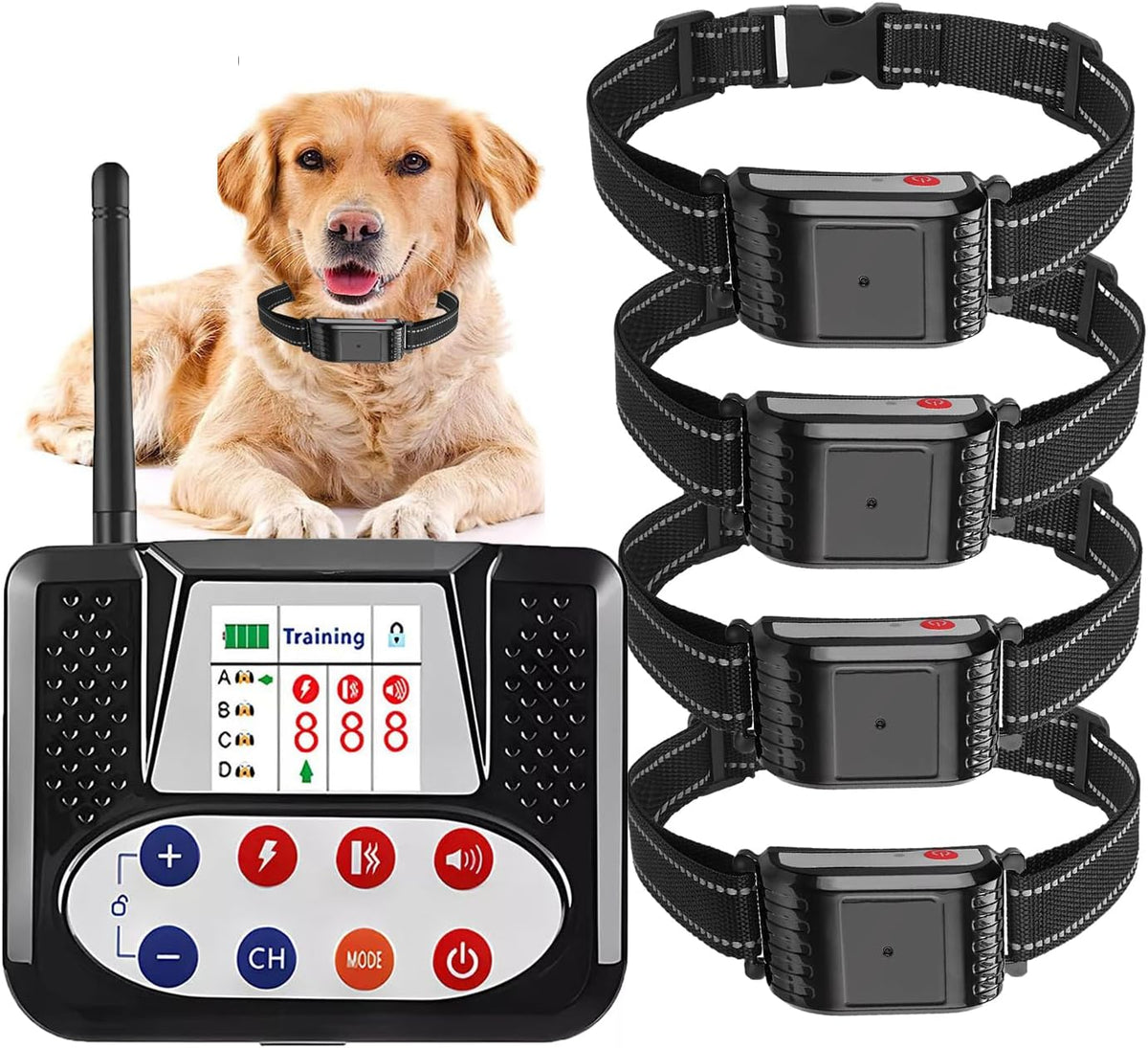 Wireless dog fence transmitter with remote and four waterproof receiver collars
