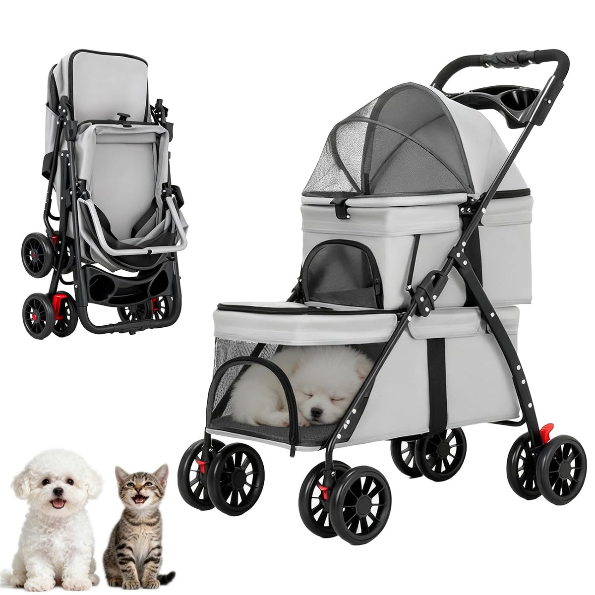 Black two-level foldable pet stroller with upper and lower compartments – view 2