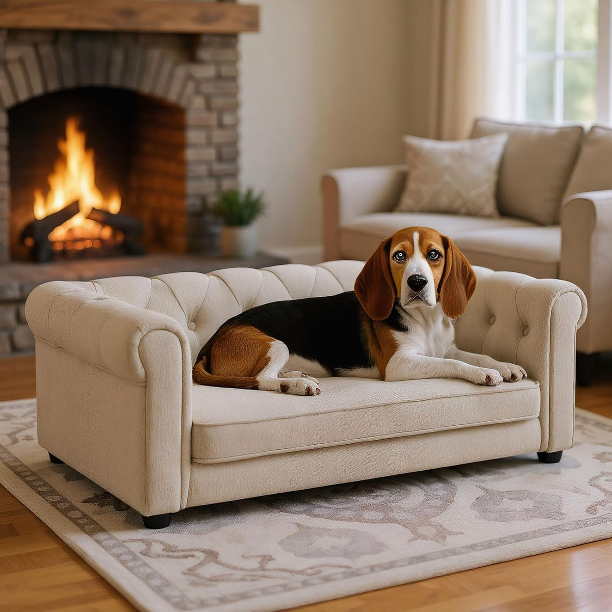 Dark gray button tufted elevated dog couch with soft cushion – view 3