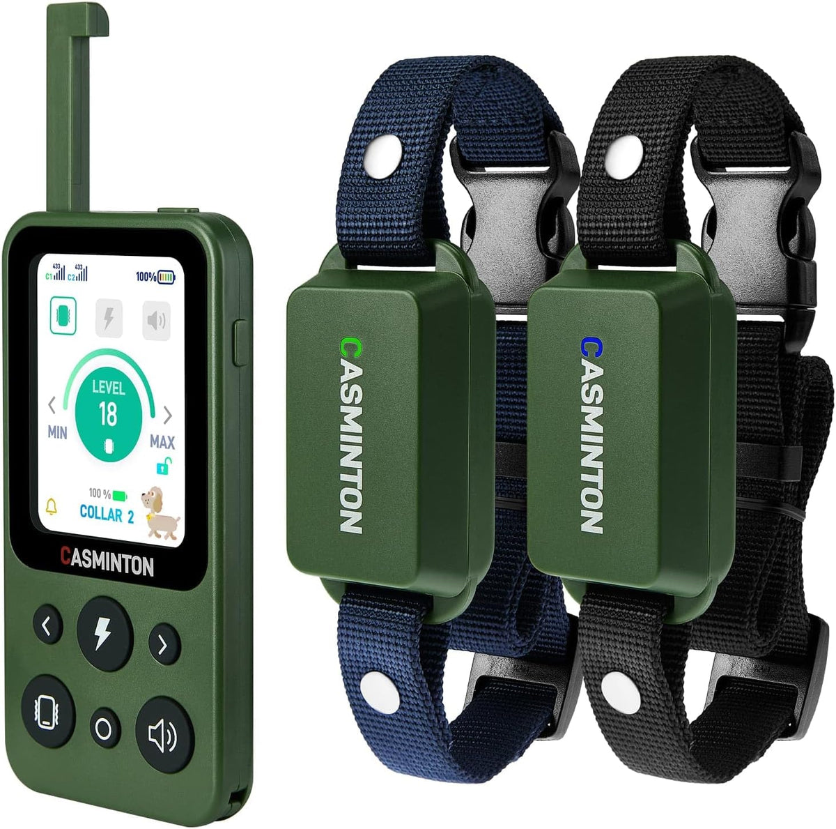 Blue remote dog training collar set with LCD remote and two receivers – view 2