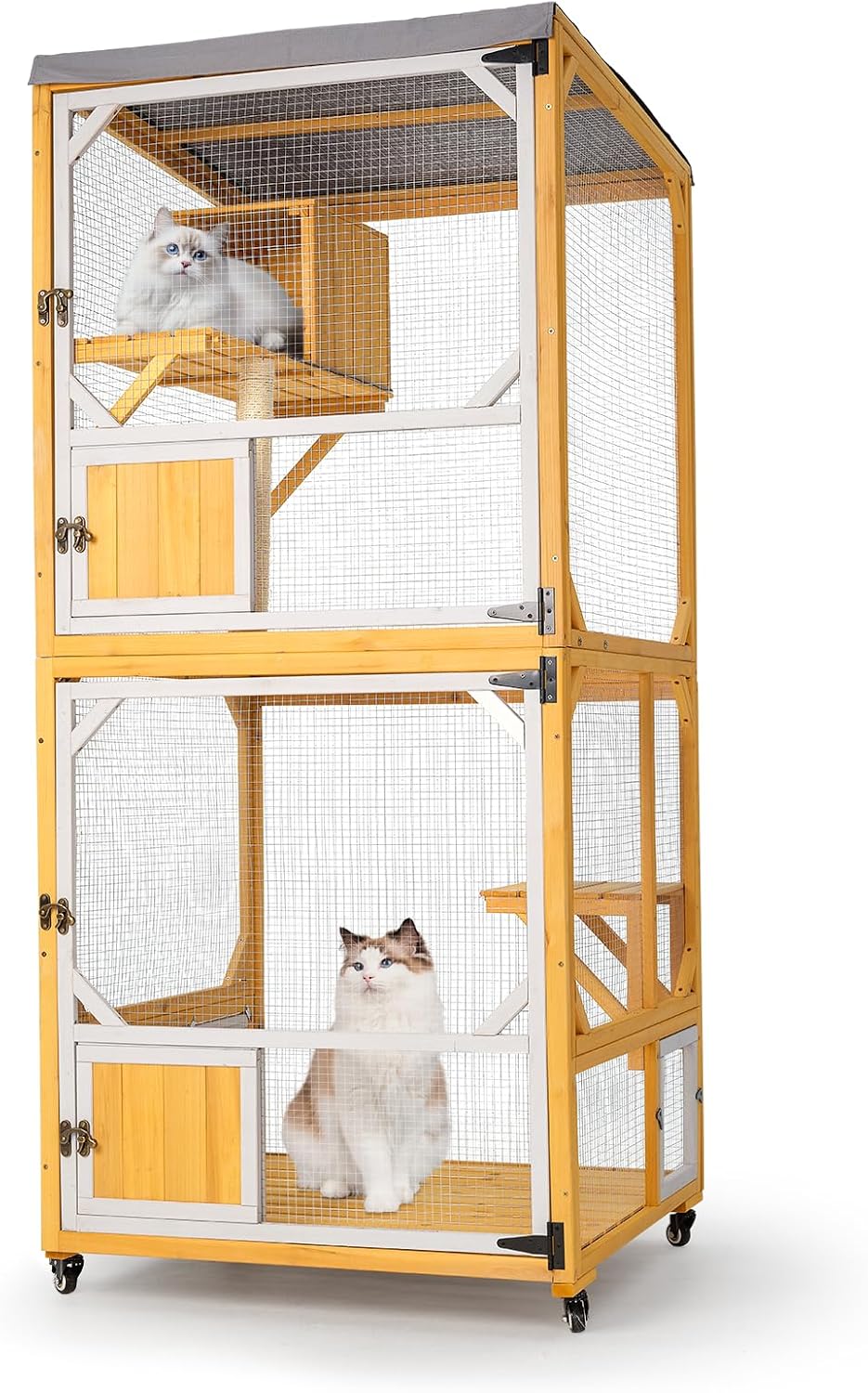 Yellow 71.7 inch four tier wooden catio on wheels with resting box and window access