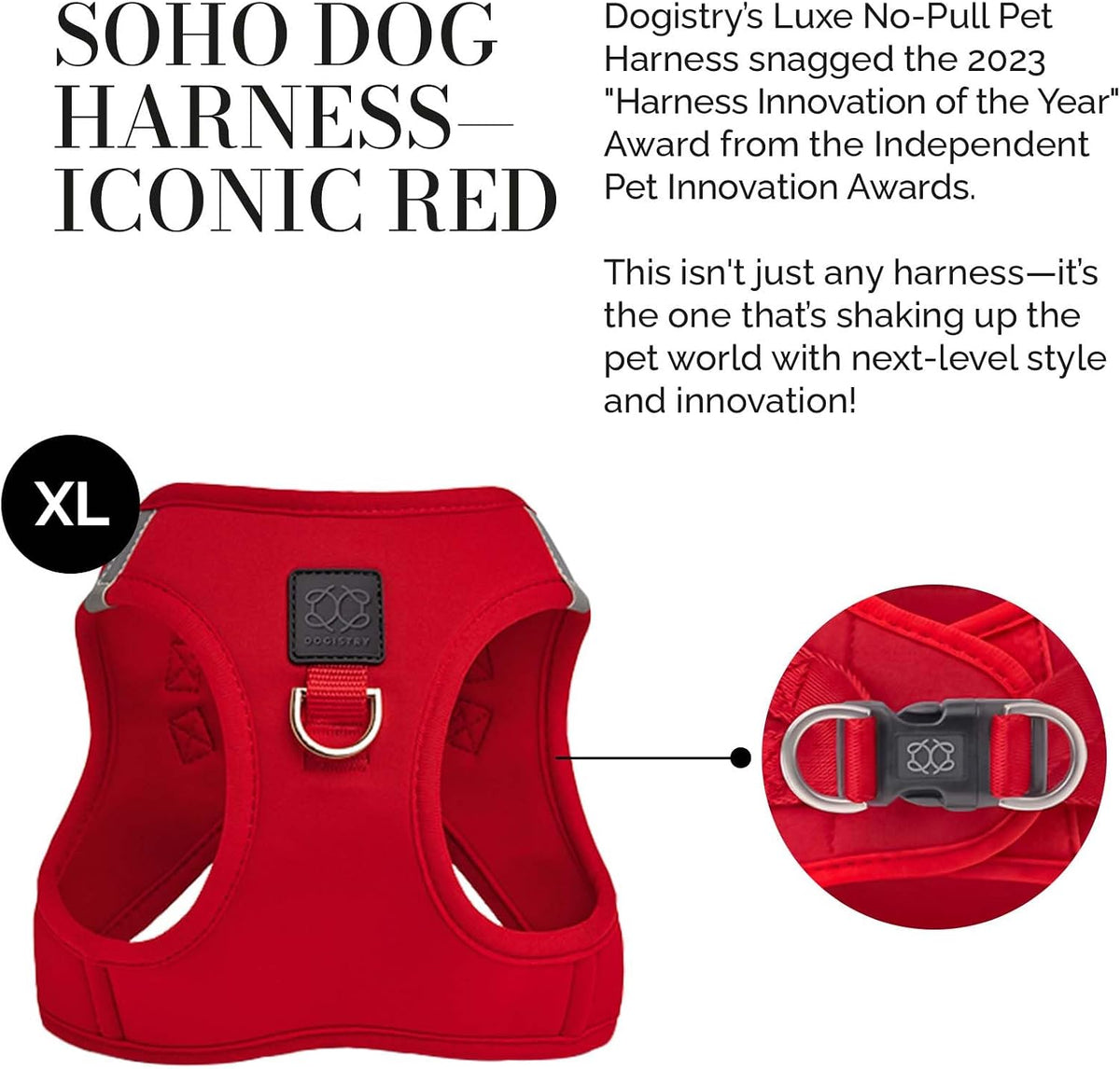 Red dog harness with matching leash and poop bag holder laid flat