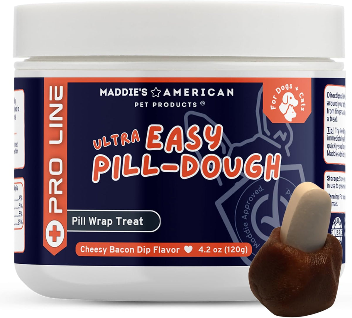 Tub of moldable pill wrap treat paste with a pill pocket formed by hand – view 9