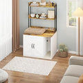 Hidden Cat Litter Box Enclosure, Wooden Farmhouse Cabinet with 2-Tier Storage, Double Feeding Bowls and Power Outlet
